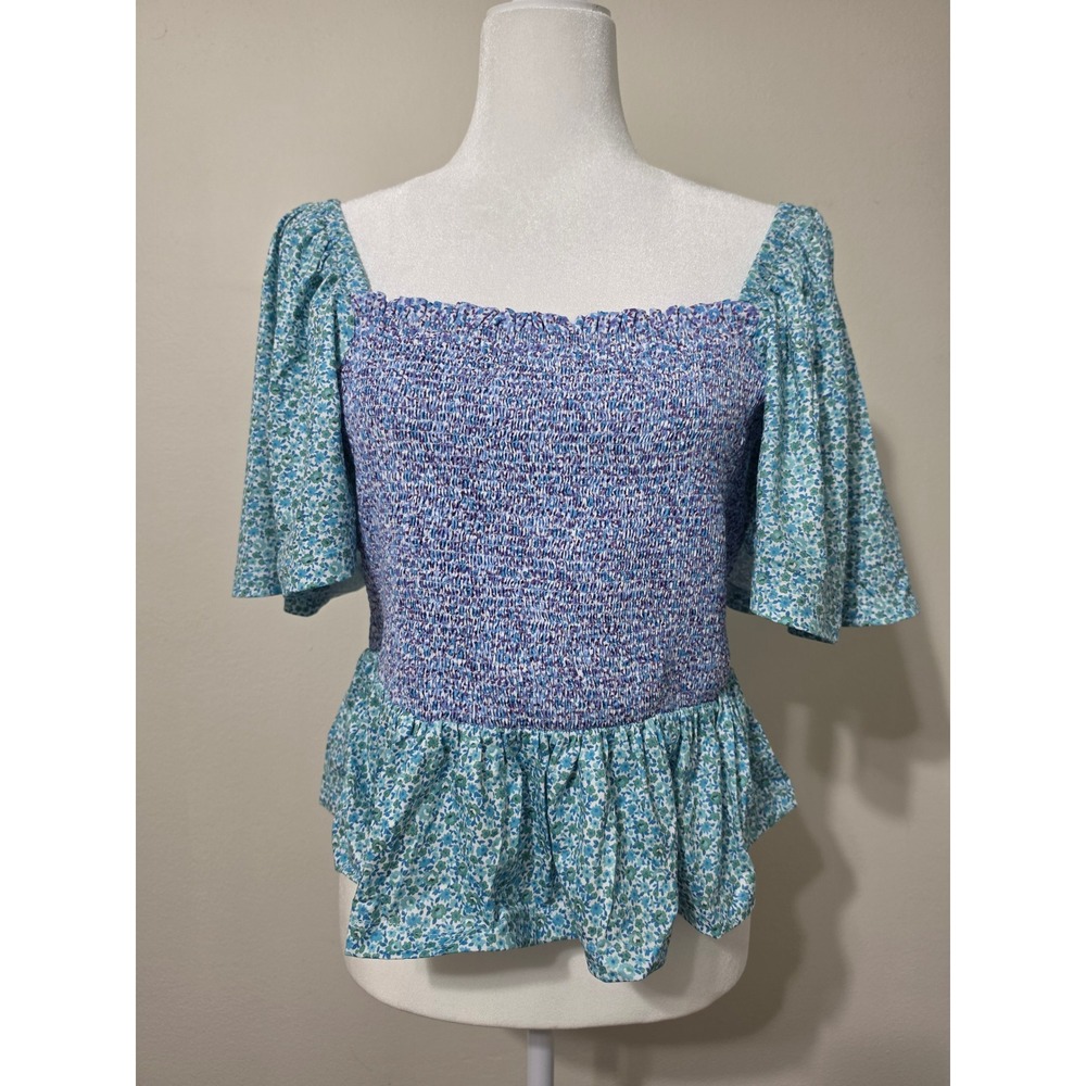 Free The Roses Floral Knit Smocked Top Blue Purple Peplum JJ1177T Large NWT